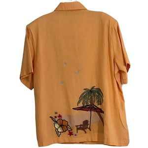 A.K.C. Women's Shirt Jacket 2XL  Short Sleeve Beach Scene Embroidery Orange